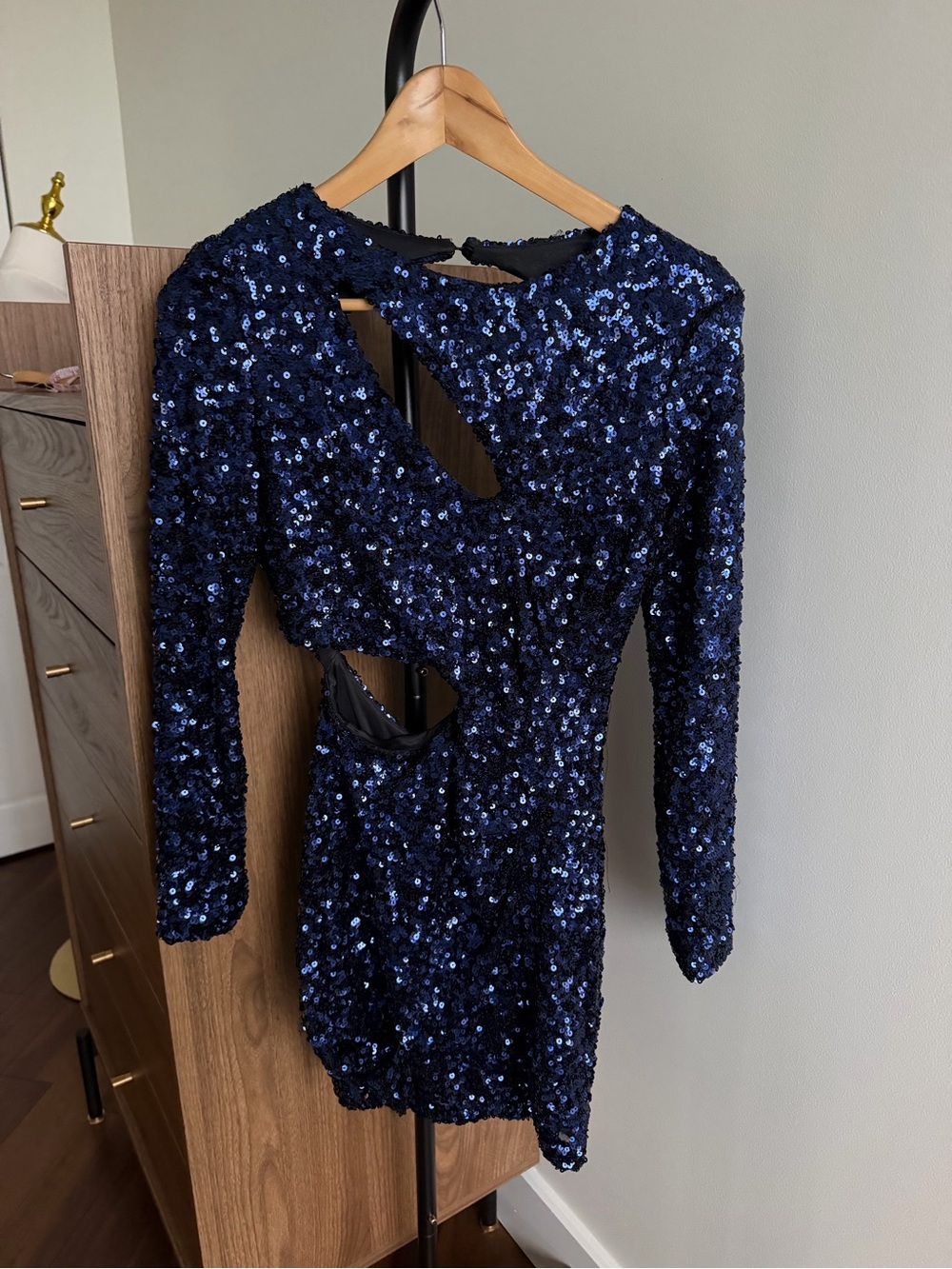Zara Dark Blue Full Sequin Open-Back Long-Sleeve Mini Dress Size S
